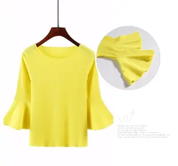 Solid Color Kudumise Naiste T-Särk Poole Varruka Naine Vabaaja Topid Lühikeseks, Põletatud Varrukad T-särk Naiste Suve O-Kaeluse Tops 1