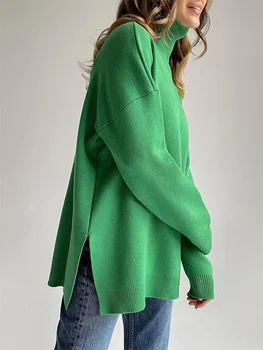 Sügis Naiste Kootud kõrge kaelusega Vabaaja Pika Varrukaga Top korea Fashion Roheline Vintage Mõõdus Kampsun Talvel 2022 Elegantne Daam