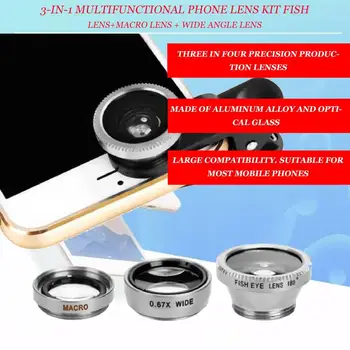 3-in-1 Multifunktsionaalne Telefon Kit Objektiiv, lainurk-Kala Objektiivi+Makro Objektiivi + lainurk Objektiiv Muuta Telefoni Professionaalse Kaamera