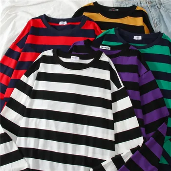 5 värvi Naiste Puuvillane Lilla Triibuline Tops Slim Fit t-särk Harajuku Tshirt Suvel Pikad Varrukad korea Feminina ülepaisutatud t-särk