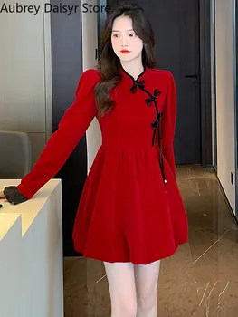 Elegantne Mini Velvet Jõulud Kleit Naiste Vintage Šikk Disain Cheongsam Kleit Naine Korea Vabaaja Õhtu Poole Kleit Uus Aasta 0
