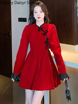 Elegantne Mini Velvet Jõulud Kleit Naiste Vintage Šikk Disain Cheongsam Kleit Naine Korea Vabaaja Õhtu Poole Kleit Uus Aasta 1