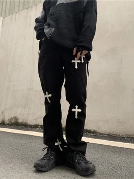 HOUZHOU Grunge Streetwear Risti Prindi Kottis Teksad Naistele Harajuku Hip-Hop Liiga Valge Cargo Püksid Kõrge Vöökoht Naiste pikad Püksid