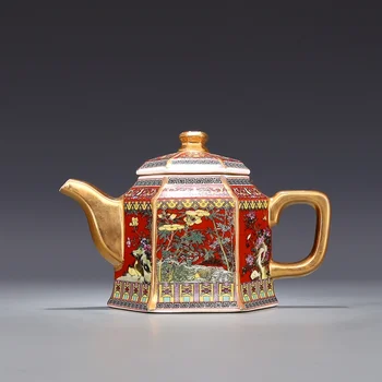 Jingdezhen Antiik Qianlong Emailiga Kuld Teekann Koos Käepide Kuusnurk Teekannud, Lilled Ja Linnud Muster Vana Keraamiline Pott