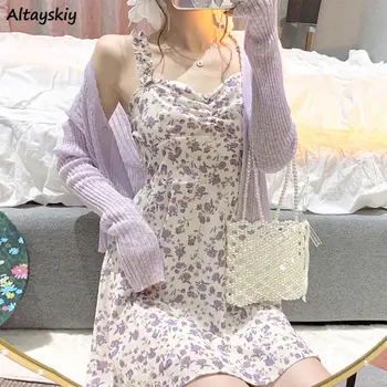 Kleidid Naistele Magus korea Stiilis Tüdrukud Õie Spagetid Rihmad Kõrge vöökoht Suvel Elastsus Mini Vestdios Naine Jaapan Versioon 0