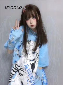 NYOOLO Jaapani Harajuku Kett Tüdruk Prindi Lühikesed Varrukad Y2k Goth T-Särk Naiste Kawaii Riided Suvel Hip-Hop, Punk Magus Tops Tee 1