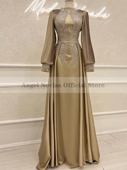 Pikkade Varrukatega Šampanja Moslemi Õhtukleidid 2023 Kõrge Kaeluse Profileerimine Vestidos De Noche Ballile Hommikumantlid Vestidos Elegantes Para Mujer