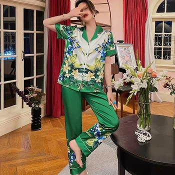 Rohelise trükise Satiin Sleepwear Naiste Pidžaama Komplekt Silk Siserõivad Lahti 2tk Lühikesed Varrukad Kõrge Vöökoht Püksid Homewear 2022 Kevad 0