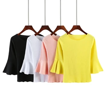 Solid Color Kudumise Naiste T-Särk Poole Varruka Naine Vabaaja Topid Lühikeseks, Põletatud Varrukad T-särk Naiste Suve O-Kaeluse Tops 0