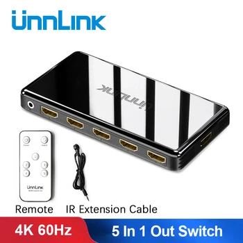 Unnlink HDMI Splitter 2.0 Lüliti 4K UHD 60Hz HDCP 2.2 5 In 1 Out, IR Remote for XBOX Üks s PS4 Pro smart led tv mi box