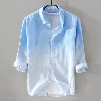 Uus Disainer Puhas Linane Särk Meestele Brändi Kolmveerand Varrukad Mood Gradient Sinine Särgid, Meeste Vabaaja Camisa Chemise 0