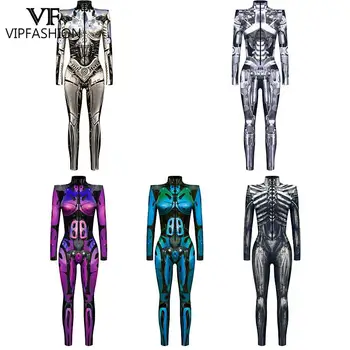 VIP MOOD Halloween Robot Punk Skelett Trükitud Cosplay Kostüümid Seksikas Naiste Zentai Bodysuit Jumpsuits Karnevali Kostüüm 1